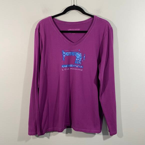 Life Is Good Women Purple V-neck "Love Machine" Sewing Machine L/S Tee Size XL - Picture 1 of 9